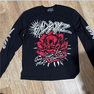 Black Long Sleeve Graphic Tee with Red Rose Sad Boyz design